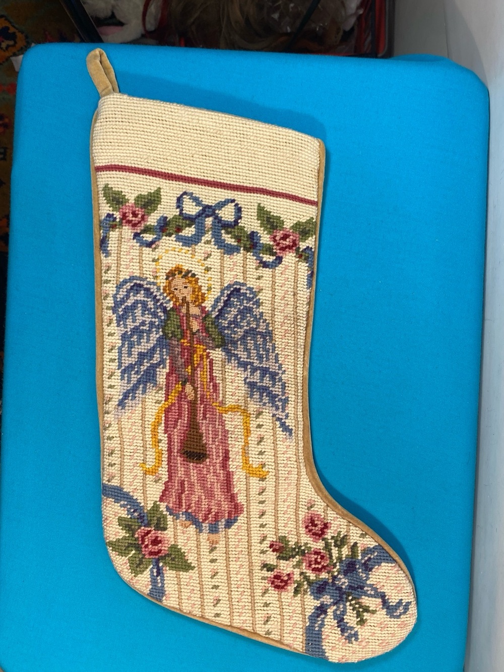 Needlepoint Angel Christmas Stocking in Cream, Pink & Blue